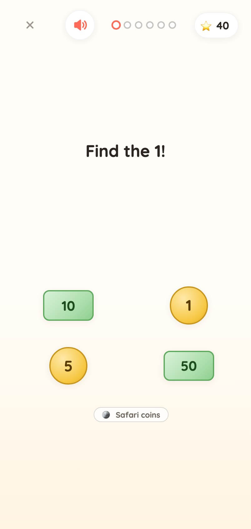 Know Your Coins game: find the right coin among coins and notes